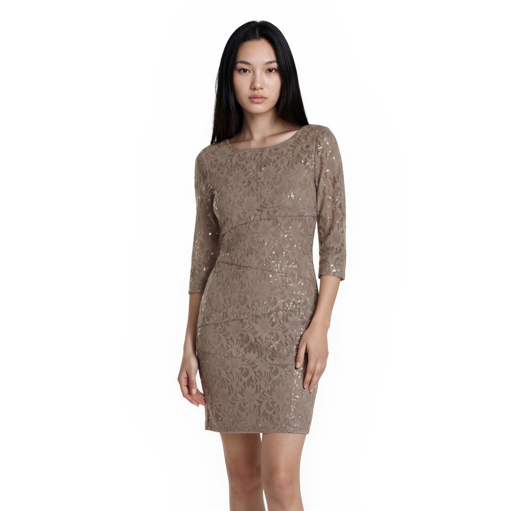 NWT Ronni Nicole Cocktail Dress Women's Size 12 Tan Lace Sequin Tiered Sheath